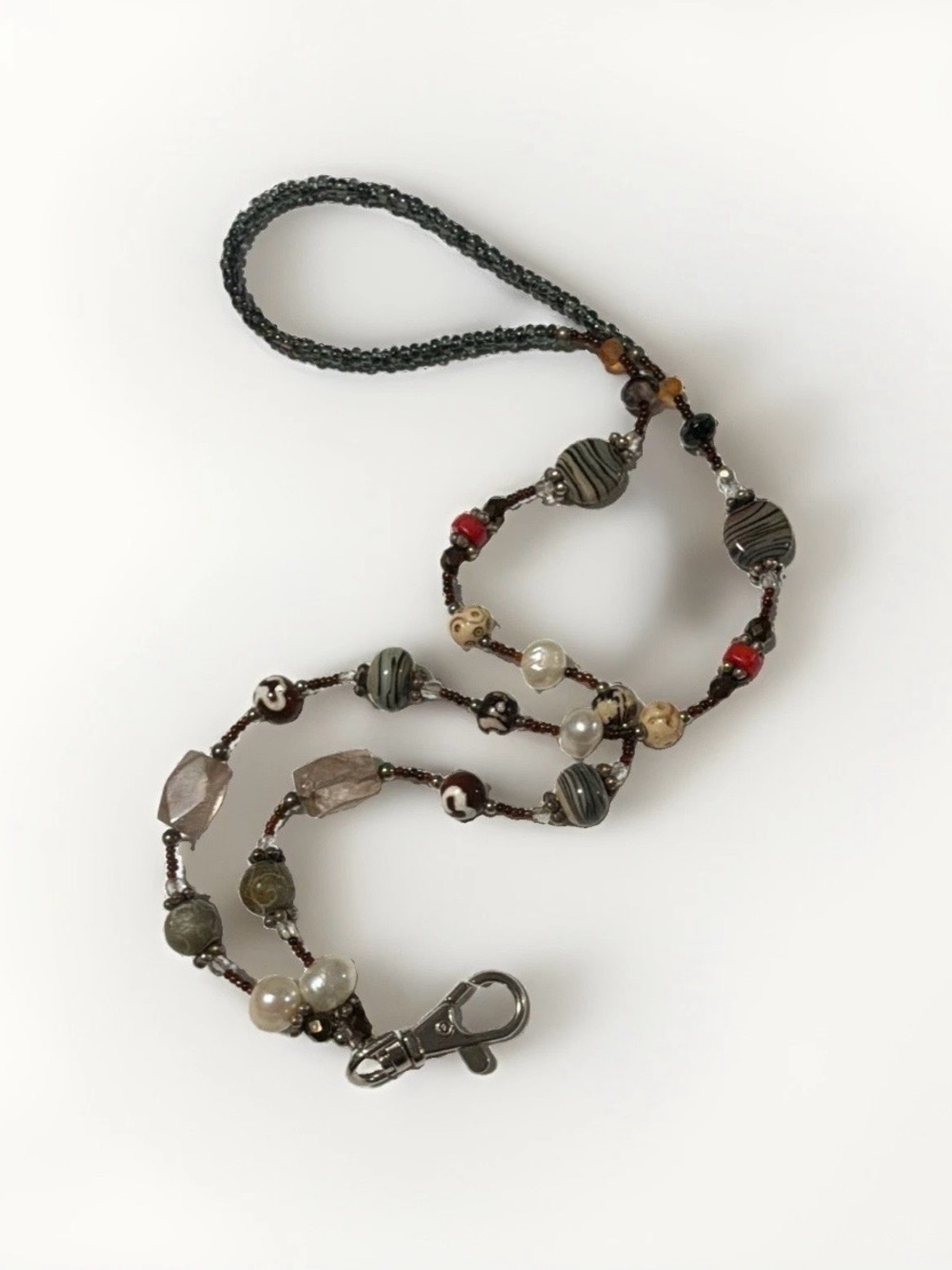 Beaded Neutral Multi-Color Lanyard Necklace with Lobster Clasp/ Genuine Pearls